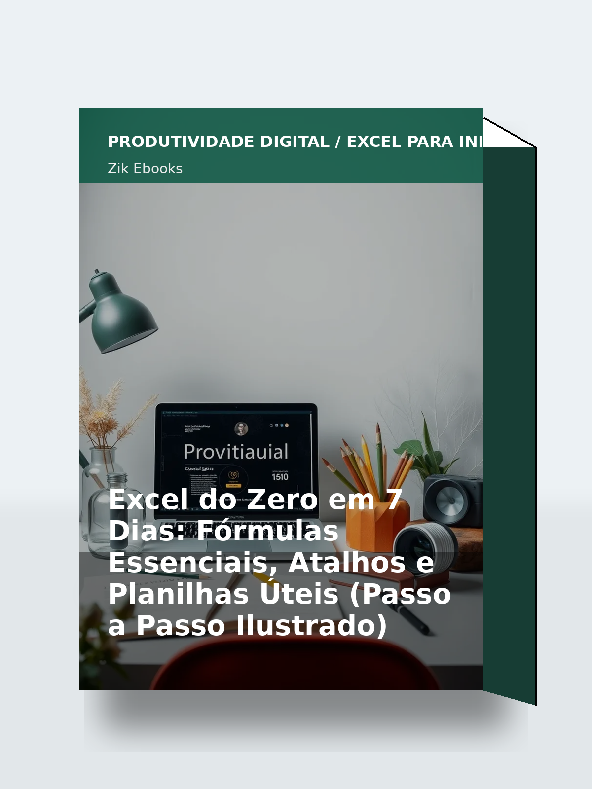 Capa 3D do ebook Excel do Zero em 7 Dias: Fórmulas Essenciais, Atalhos e Planilhas Úteis (Passo a Passo Ilustrado)