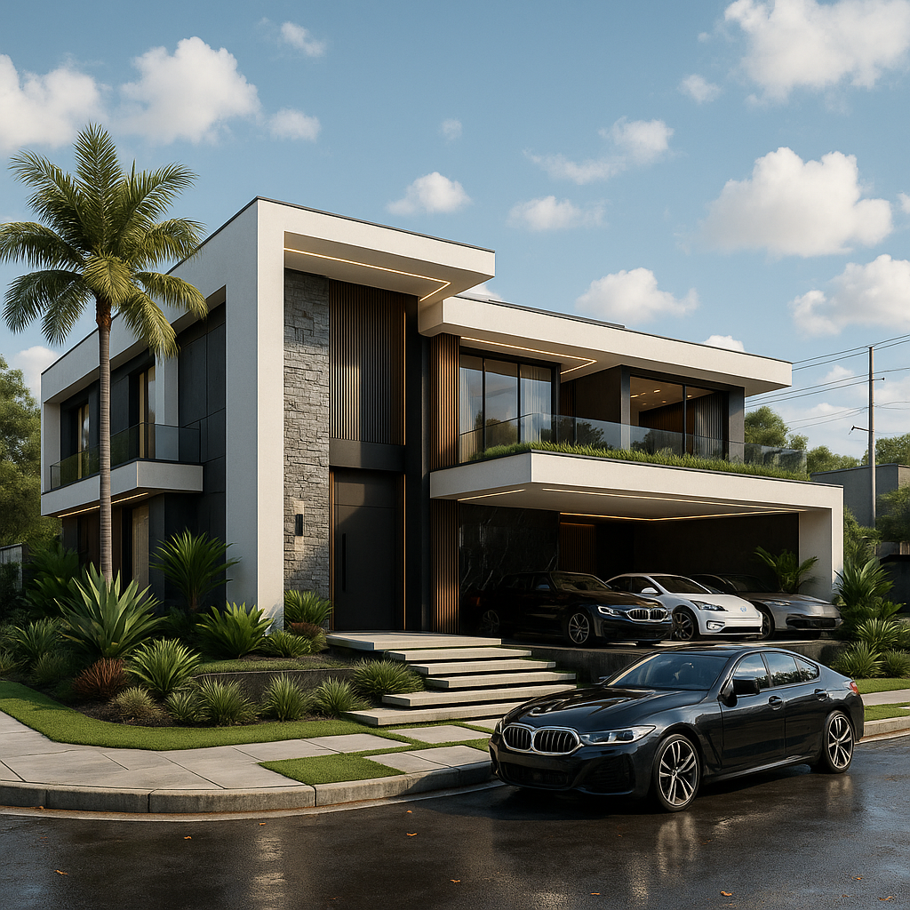 Casa contemporânea de alto padrão com fachada moderna, dois pavimentos, garagem ampla e paisagismo tropical.