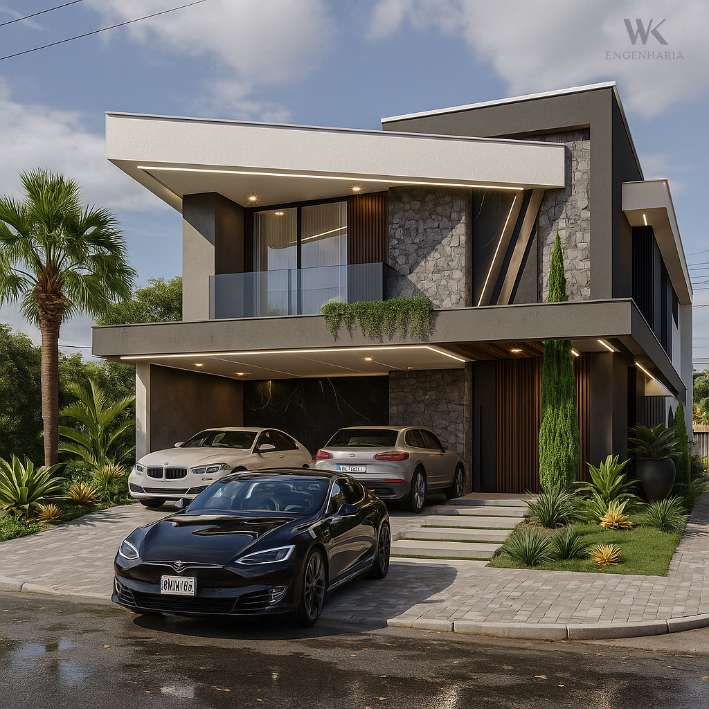 Casa de luxo contemporânea – Fachada com balanços e design moderno Residência de luxo contemporânea com fachada em balanço, vidros refletivos e detalhes em pedra natural.