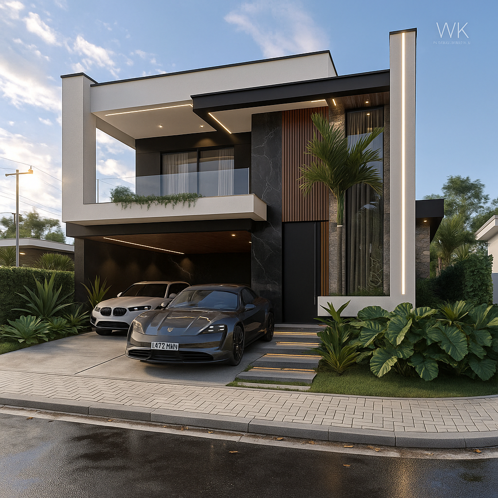 Casa de luxo contemporânea – Fachada imponente com design moderno Residência de alto padrão com fachada contemporânea, volumes em balanço, vidro refletivo e acabamento sofisticado.