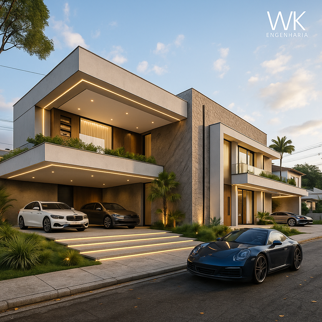 Casa contemporânea – Projeto de alto padrão com fachada moderna Residência contemporânea de luxo com fachada em balanço, vidros refletivos e detalhes em madeira e pedra.