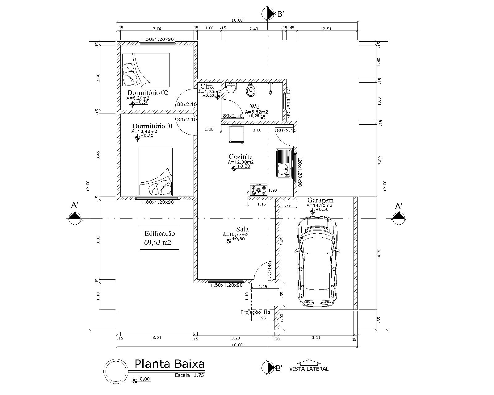 projeto residencial com 72,00m²